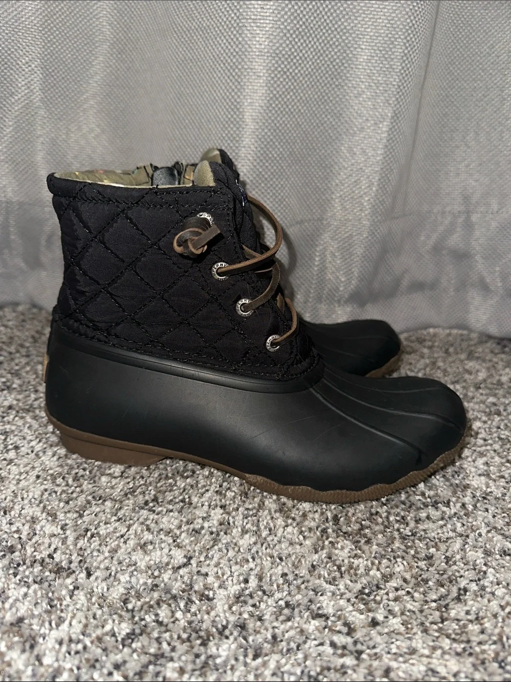 Sperry Black Quilted Duck Rain Boots with Brown Laces